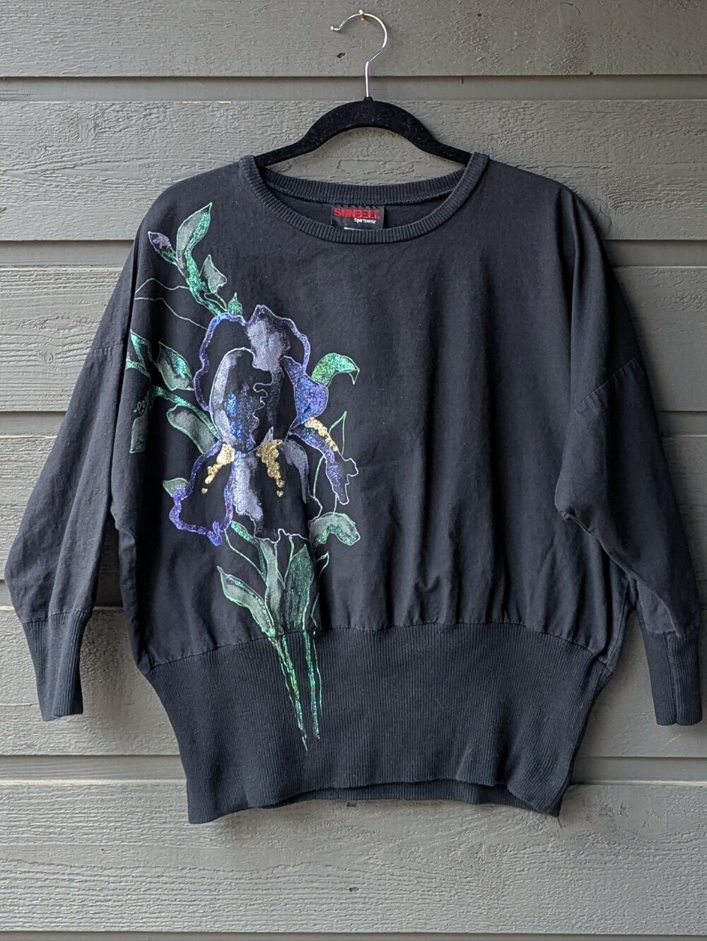 VTG 80s Sunbelt Sportswear Handpainted Floral Dolman Sleeve Top Black Purple